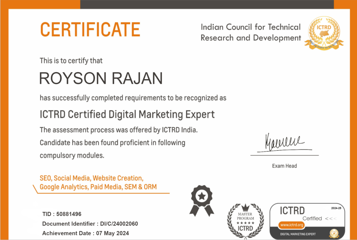 Elevating My Digital Marketing Journey: Certified by ICTRD